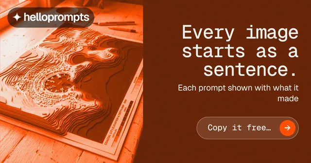 Social ad for HelloPrompts: "Every image starts as a sentence." Agentic glass style, right layout, dark palette in orange.