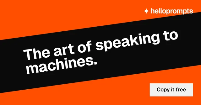 Social ad for HelloPrompts: "The art of speaking to machines." Split block style, diagonal layout, dark palette in orange, black.