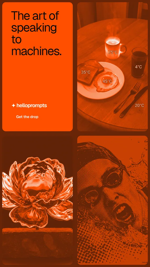 Instagram story for HelloPrompts: "The art of speaking to machines." Y2K style, collage layout, dark palette in orange.