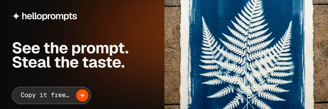 X header for HelloPrompts: "See the prompt. Steal the taste." Agentic glass style, bottom layout, dark palette in black, orange, grey.