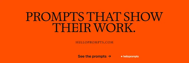 X header for HelloPrompts: "Prompts that show their work." Brutalist style, smallcaps layout, dark palette in orange.