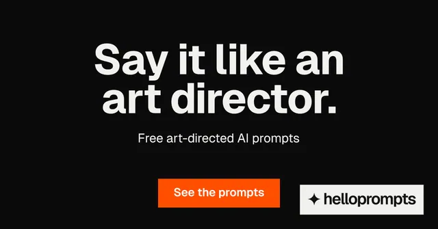 Social ad for HelloPrompts: "Say it like an art director." Swiss style, centred layout, dark palette in black, grey, orange.