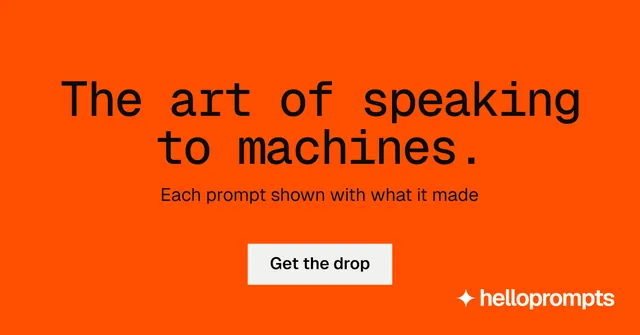 Social ad for HelloPrompts: "The art of speaking to machines." Split block style, centred layout, dark palette in orange.