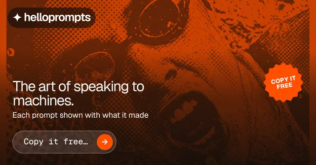 Social ad for HelloPrompts: "The art of speaking to machines." Agentic glass style, sticker layout, dark palette in black, orange.
