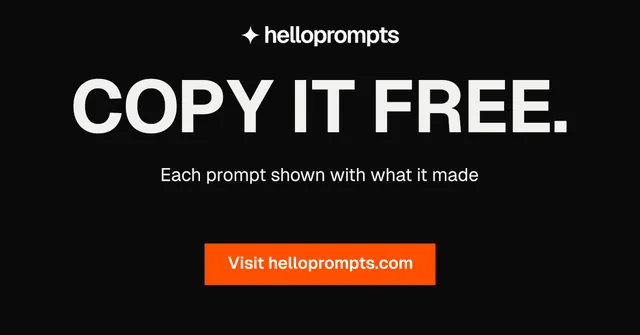 Social ad for HelloPrompts: "Copy it free." Swiss style, centred layout, dark palette in black, brown, orange.