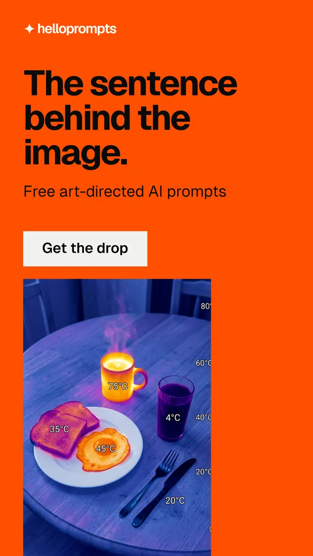 Instagram story for HelloPrompts: "The sentence behind the image." Swiss style, skeleton layout, dark palette in orange, blue, red.