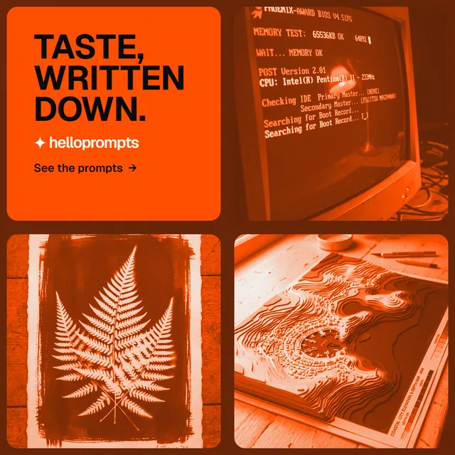 Instagram post for HelloPrompts: "Taste, written down." Agentic glass style, collage layout, dark palette in orange.