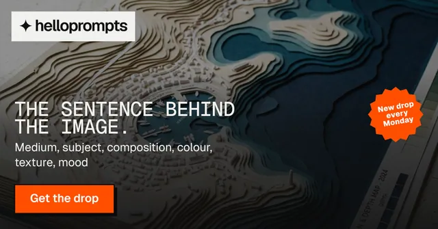 Social ad for HelloPrompts: "The sentence behind the image." Brutalist style, sticker layout, dark palette in black, orange, grey.