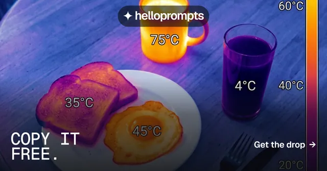 Social ad for HelloPrompts: "Copy it free." Brutalist style, image led layout, dark palette in blue, purple, pink.