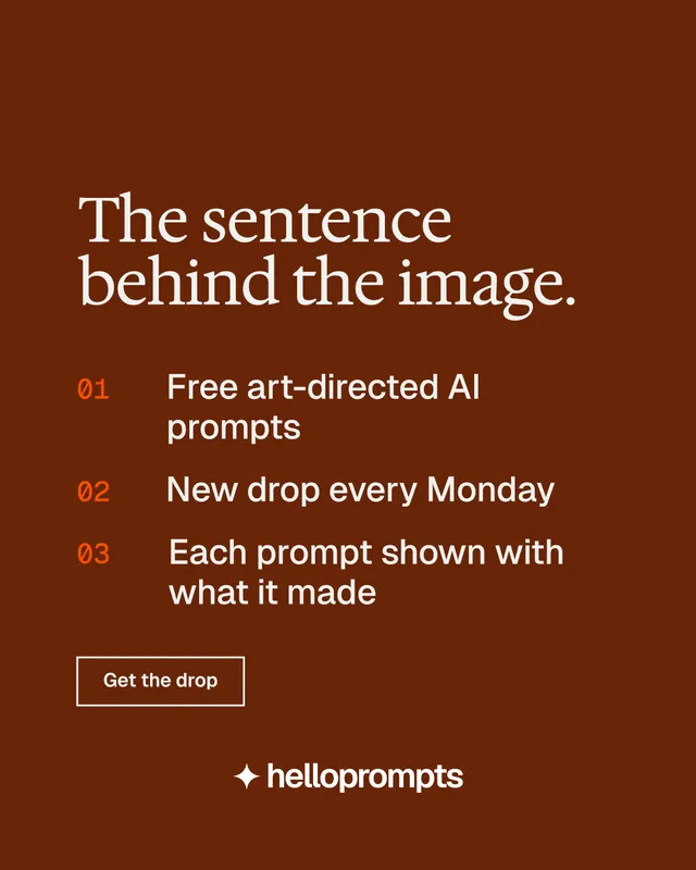 Instagram portrait post for HelloPrompts: "The sentence behind the image." Editorial style, numbered layout, dark palette in orange, brown.
