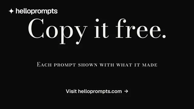 Landscape graphic for HelloPrompts: "Copy it free." Minimal luxury style, smallcaps layout, dark palette in black, grey.