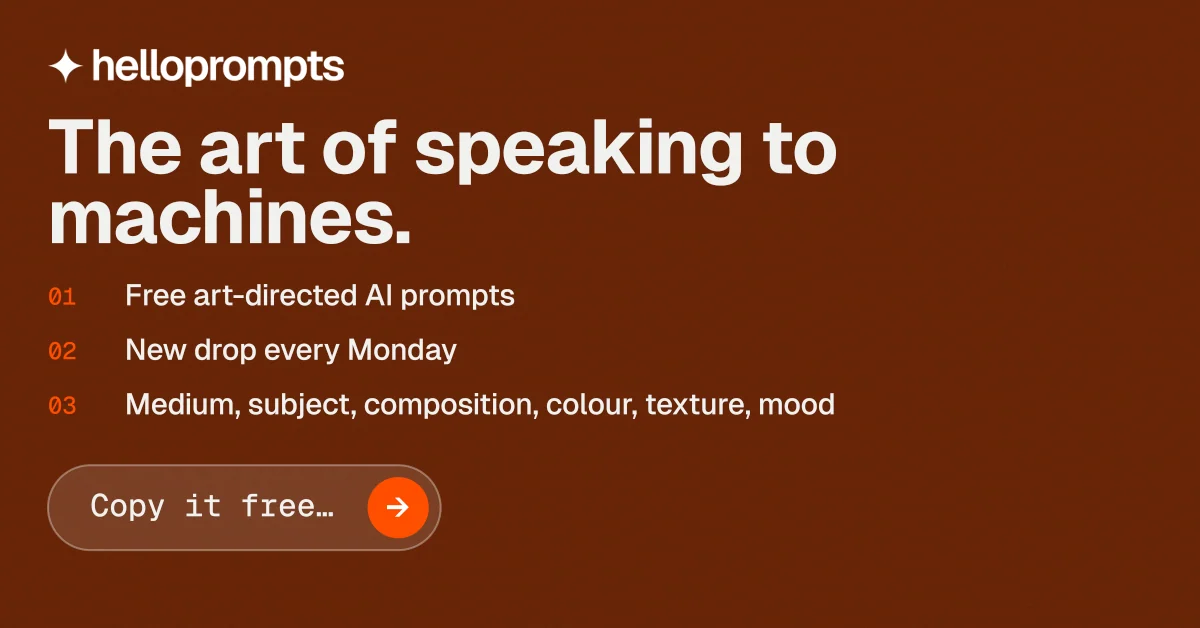 Social ad for HelloPrompts: "The art of speaking to machines." Agentic glass style, numbered layout, dark palette in orange, brown.