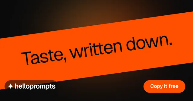 Social ad for HelloPrompts: "Taste, written down." Y2K style, diagonal layout, dark palette in orange, black.