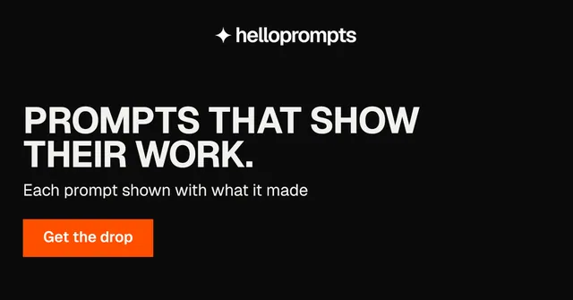 Social ad for HelloPrompts: "Prompts that show their work." Swiss style, skeleton layout, dark palette in black, grey.