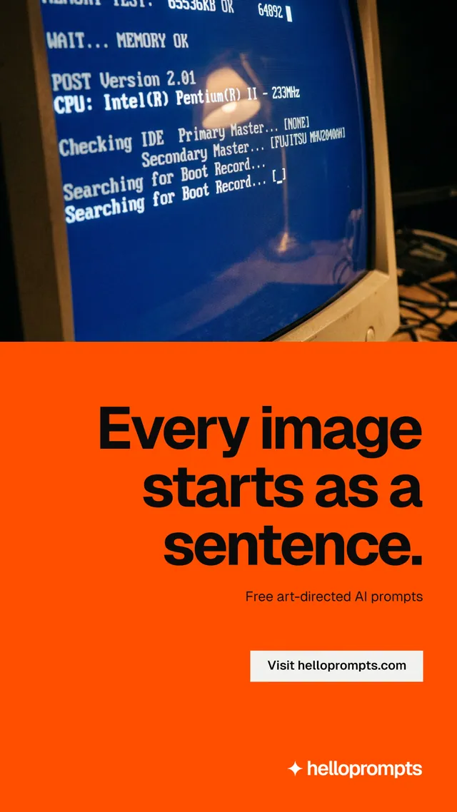 Instagram story for HelloPrompts: "Every image starts as a sentence." Split block style, right layout, dark palette in orange, blue.