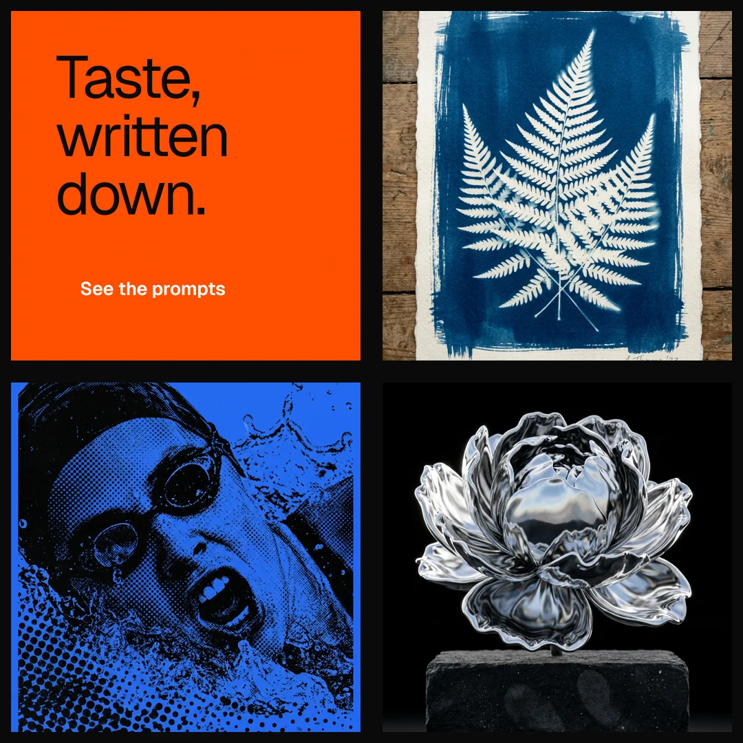 Instagram post for HelloPrompts: "Taste, written down." Split block style, collage layout, dark palette in black, orange, blue.