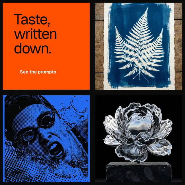 Instagram post for HelloPrompts: "Taste, written down." Split block style, collage layout, dark palette in black, orange, blue.