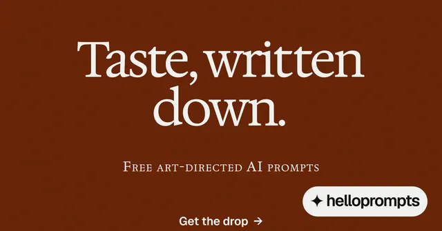 Social ad for HelloPrompts: "Taste, written down." Y2K style, smallcaps layout, dark palette in orange.