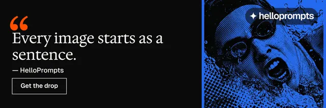 X header for HelloPrompts: "Say it like an art director." Editorial style, quote layout, dark palette in black, blue.