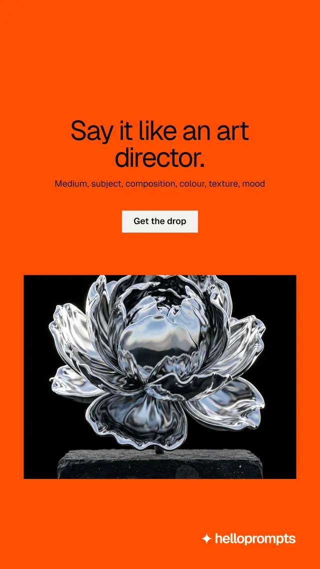 Instagram story for HelloPrompts: "Say it like an art director." Split block style, centred layout, dark palette in orange.