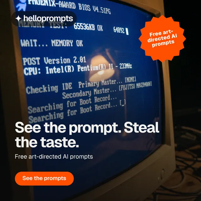 Instagram post for HelloPrompts: "See the prompt. Steal the taste." Y2K style, sticker layout, dark palette in blue, black, grey.