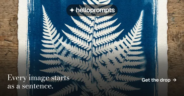 Social ad for HelloPrompts: "Every image starts as a sentence." Minimal luxury style, image led layout, dark palette in grey, blue.