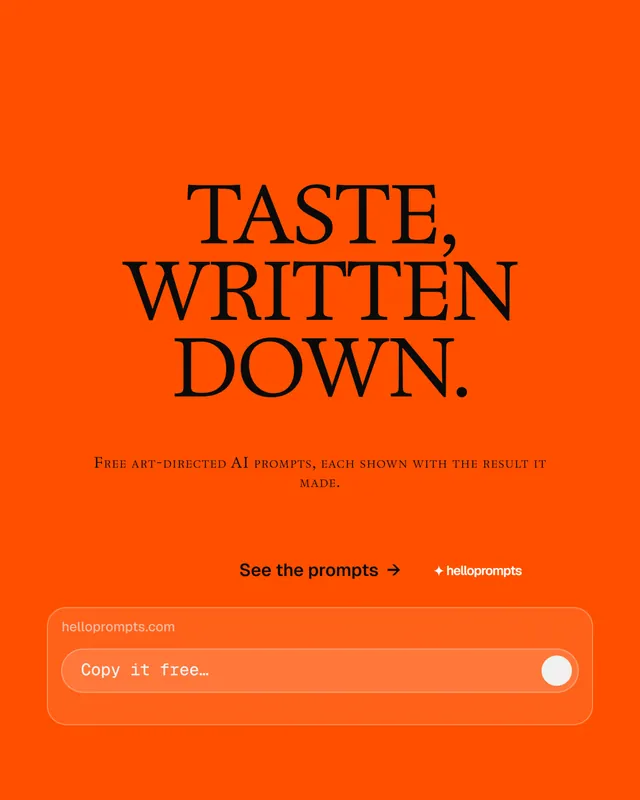 Instagram portrait post for HelloPrompts: "Taste, written down." Split block style, smallcaps layout, light palette in orange.