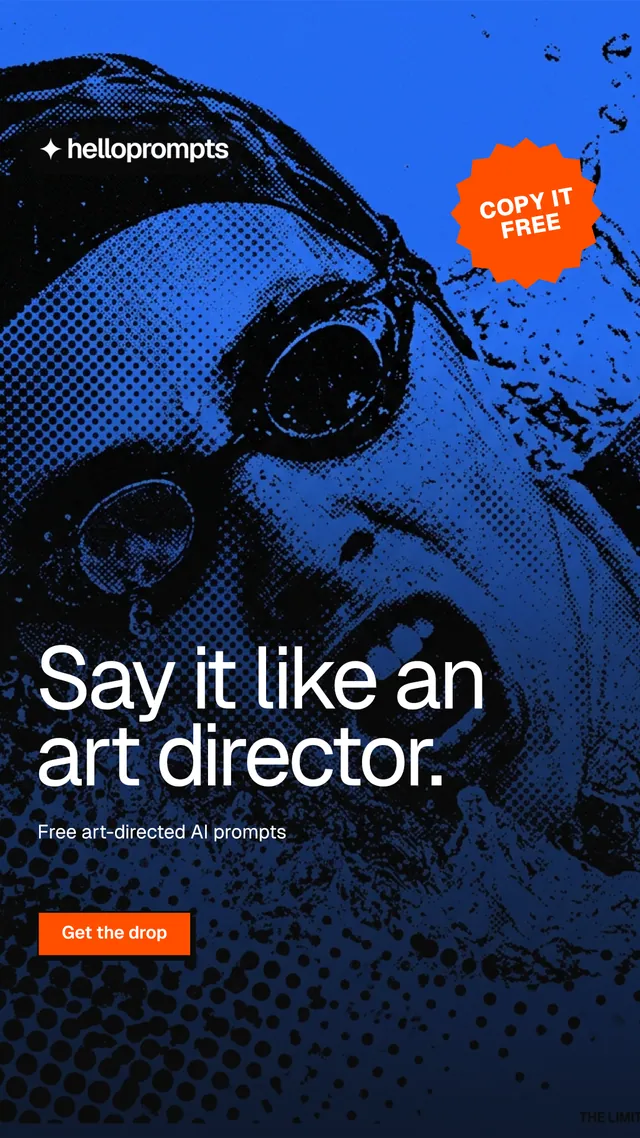 Instagram story for HelloPrompts: "Say it like an art director." Brutalist style, sticker layout, dark palette in blue, black.