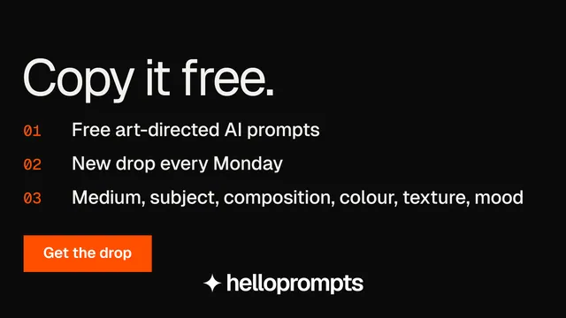 Landscape graphic for HelloPrompts: "Copy it free." Swiss style, numbered layout, dark palette in black, orange.