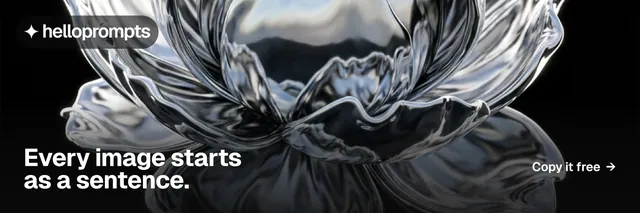 X header for HelloPrompts: "Every image starts as a sentence." Split block style, image led layout, dark palette in black, grey.