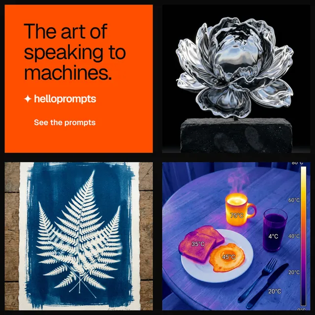 Instagram post for HelloPrompts: "The art of speaking to machines." Swiss style, collage layout, dark palette in black, red, grey.