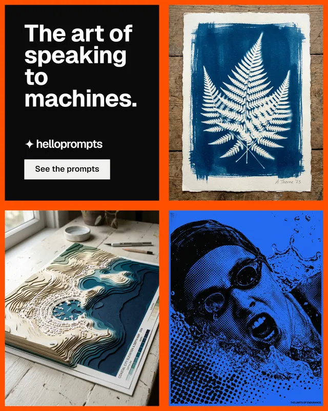 Instagram portrait post for HelloPrompts: "The art of speaking to machines." Swiss style, collage layout, dark palette in grey, black, blue.
