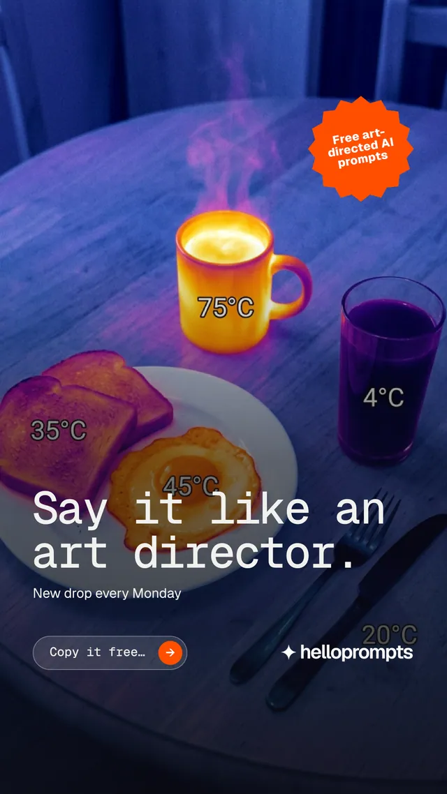 Instagram story for HelloPrompts: "Say it like an art director." Agentic glass style, sticker layout, dark palette in blue, purple, grey.