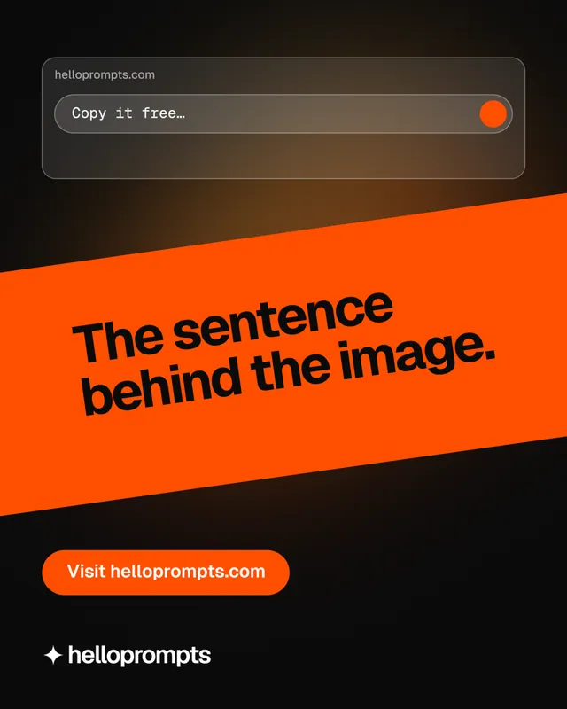 Instagram portrait post for HelloPrompts: "The sentence behind the image." Y2K style, diagonal layout, dark palette in orange, black.