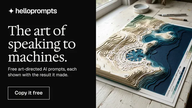 Landscape graphic for HelloPrompts: "The art of speaking to machines." Editorial style, bottom layout, dark palette in black, grey, blue.