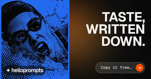 Social ad for HelloPrompts: "Taste, written down." Agentic glass style, right layout, dark palette in black, blue, orange.