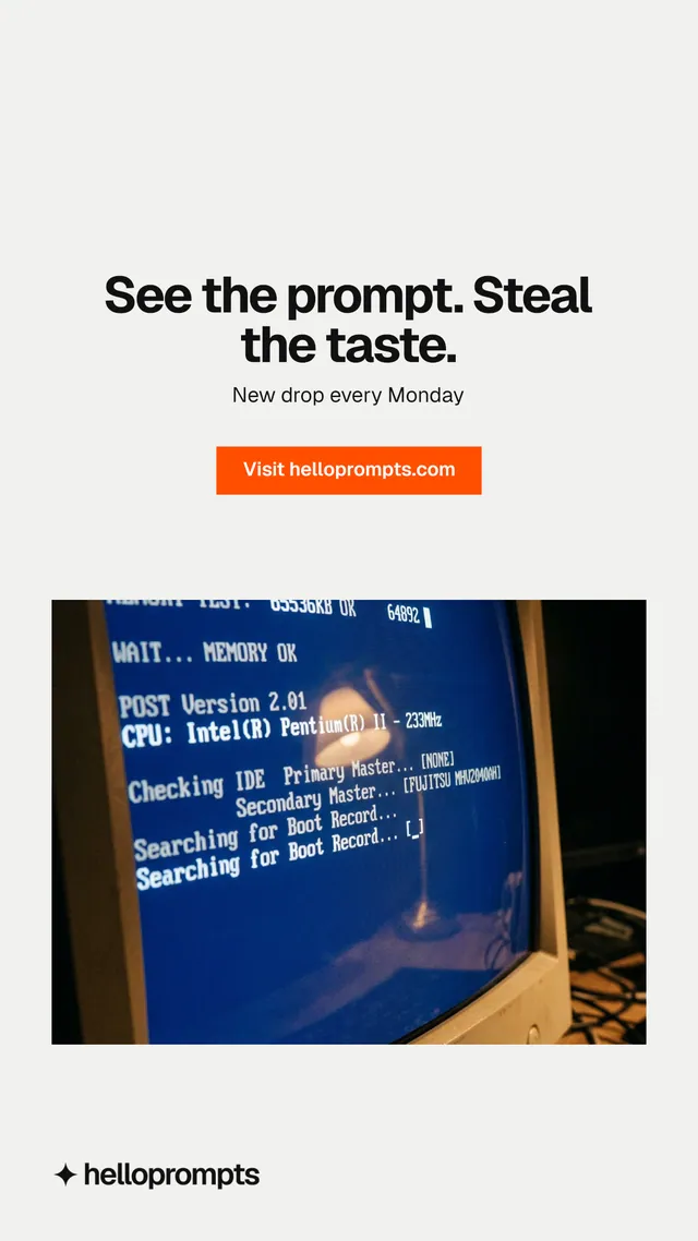 Instagram story for HelloPrompts: "See the prompt. Steal the taste." Swiss style, centred layout, light palette in white, grey.