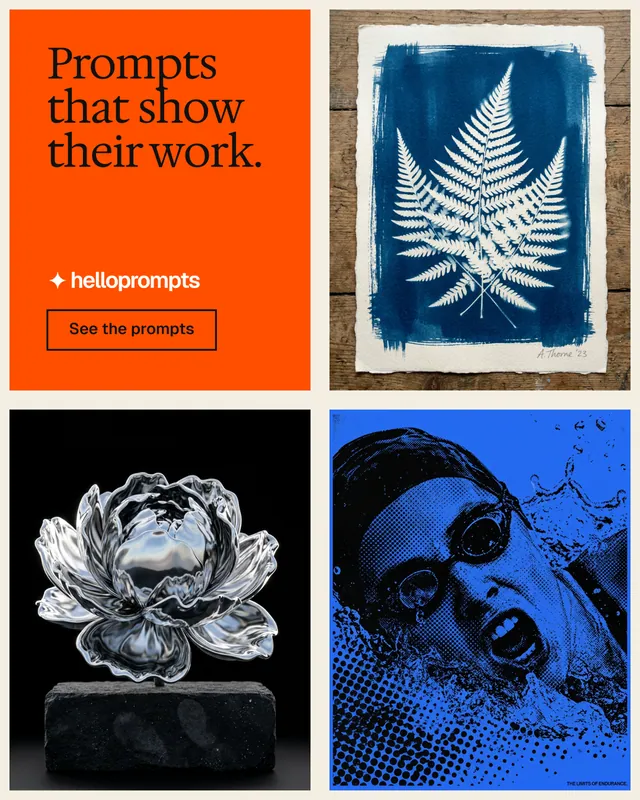 Instagram portrait post for HelloPrompts: "Prompts that show their work." Editorial style, collage layout, dark palette in black, red, grey.