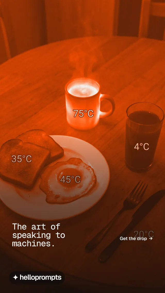 Instagram story for HelloPrompts: "The art of speaking to machines." Swiss style, image led layout, dark palette in orange, brown.