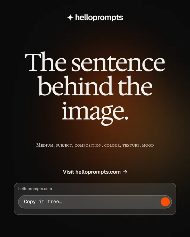Instagram portrait post for HelloPrompts: "The sentence behind the image." Y2K style, smallcaps layout, dark palette in orange, black, grey.