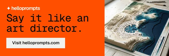X header for HelloPrompts: "Say it like an art director." Split block style, skeleton layout, light palette in orange, white, grey.