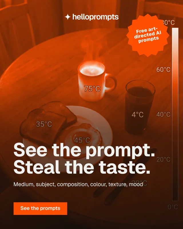 Instagram portrait post for HelloPrompts: "See the prompt. Steal the taste." Swiss style, sticker layout, dark palette in black, orange.
