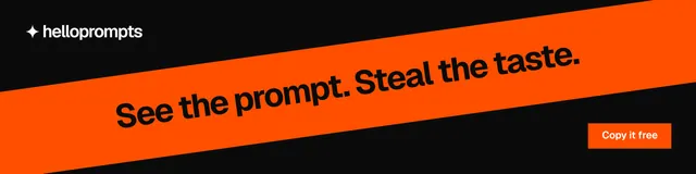 LinkedIn banner for HelloPrompts: "See the prompt. Steal the taste." Swiss style, diagonal layout, dark palette in orange, black.