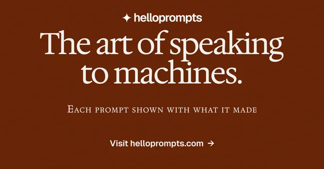 Social ad for HelloPrompts: "The art of speaking to machines." Agentic glass style, smallcaps layout, dark palette in orange, brown.