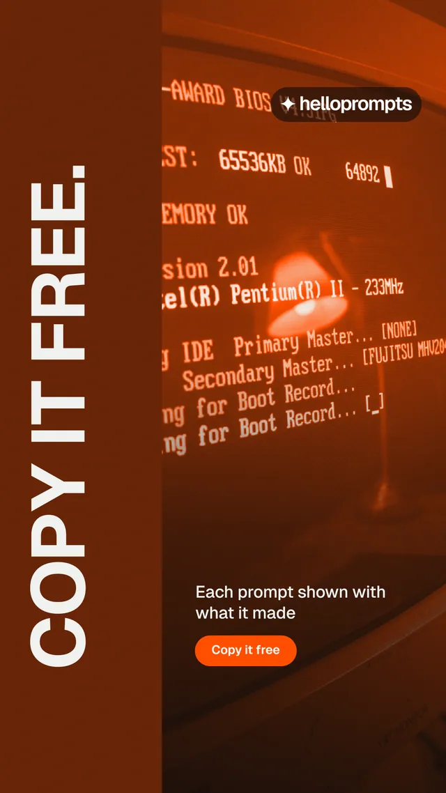 Instagram story for HelloPrompts: "Copy it free." Y2K style, vertical layout, dark palette in orange, brown.
