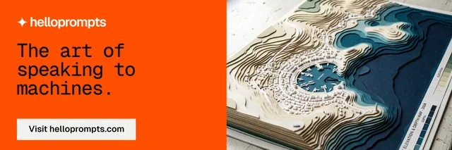 X header for HelloPrompts: "The art of speaking to machines." Split block style, bottom layout, light palette in orange, grey.