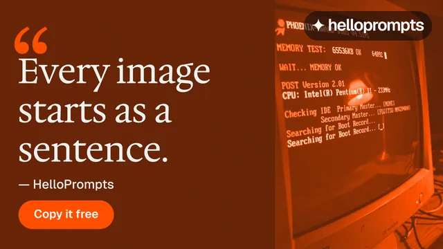 Landscape graphic for HelloPrompts: "The art of speaking to machines." Y2K style, quote layout, dark palette in orange, brown.