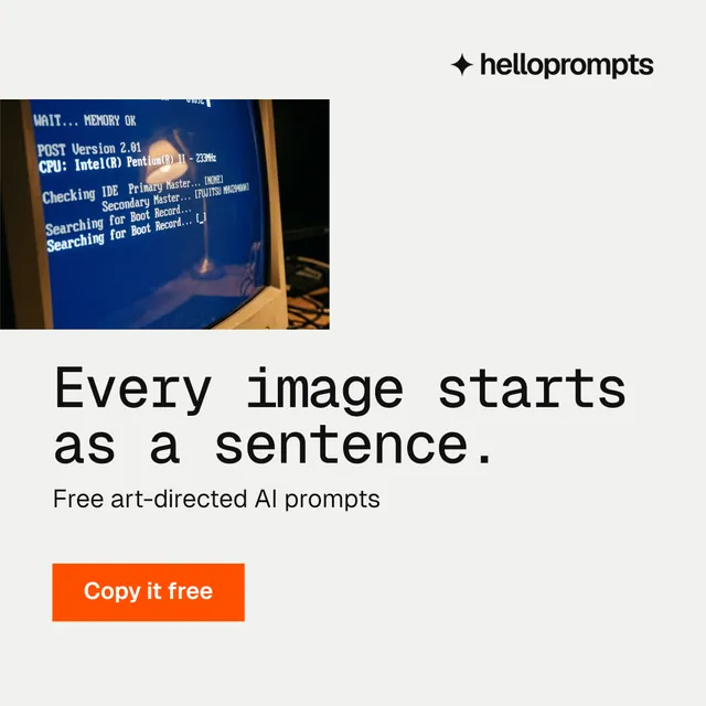 Instagram post for HelloPrompts: "Every image starts as a sentence." Swiss style, skeleton layout, light palette in white, grey.