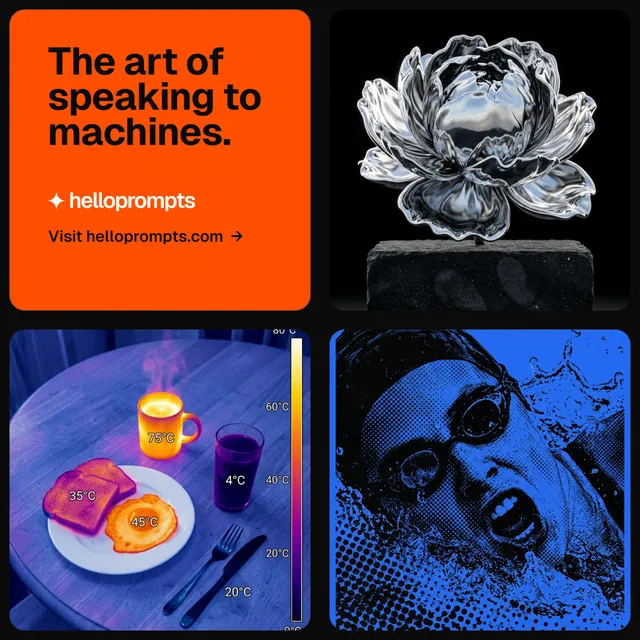 Instagram post for HelloPrompts: "The art of speaking to machines." Agentic glass style, collage layout, dark palette in black, blue, red.