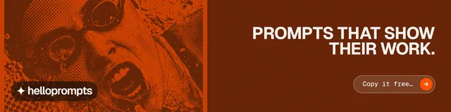 LinkedIn banner for HelloPrompts: "Prompts that show their work." Agentic glass style, right layout, dark palette in orange, brown.